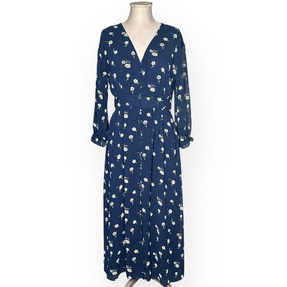 MADEWELL Button Front Midi Dress Sheer Sleeve Blue Floral Brunch Cottagecore - Picture 3 of 12